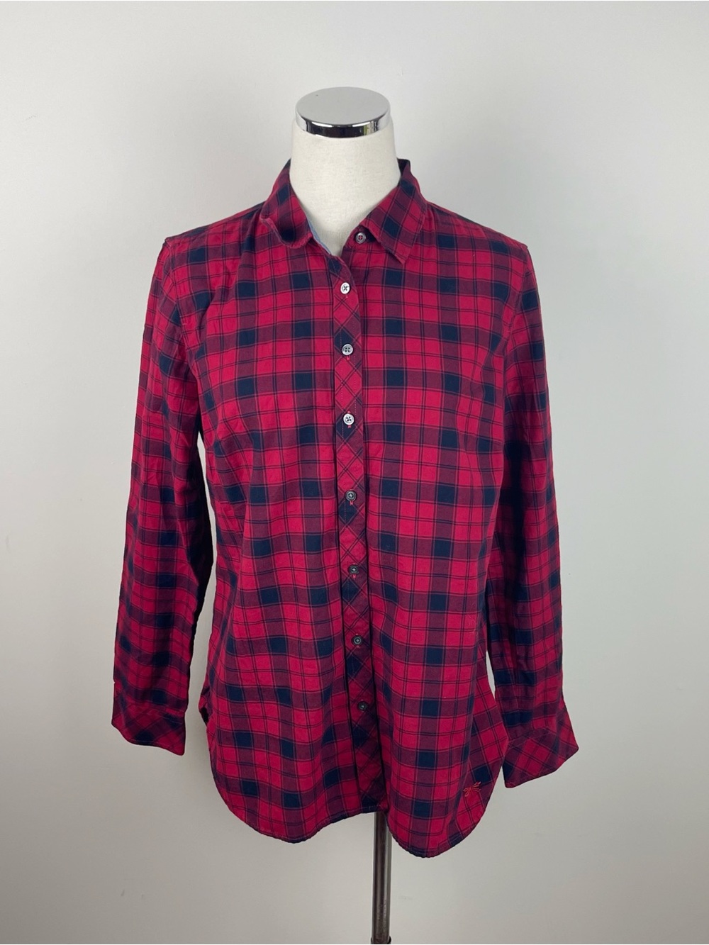 Talbots Red Navy Blue Plaid Collared Long Sleeve Button Down Shirt Top Women